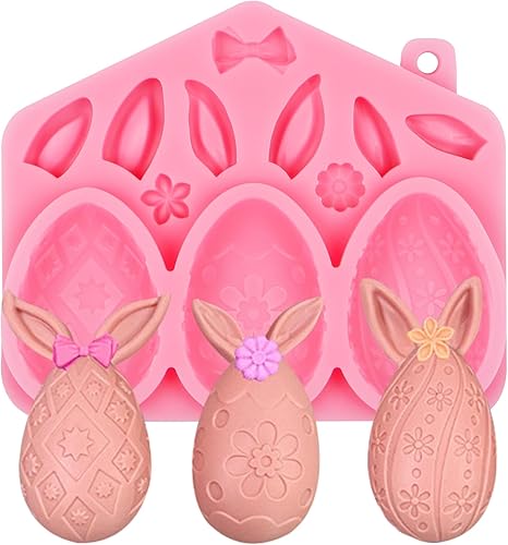 Miniatura 10 de Molde de silicona 3D de conejo de Pascua, moldes de chocolate con zanahoria de conejo grande, huevos de conejo, oreja, margarita, flores, dulces