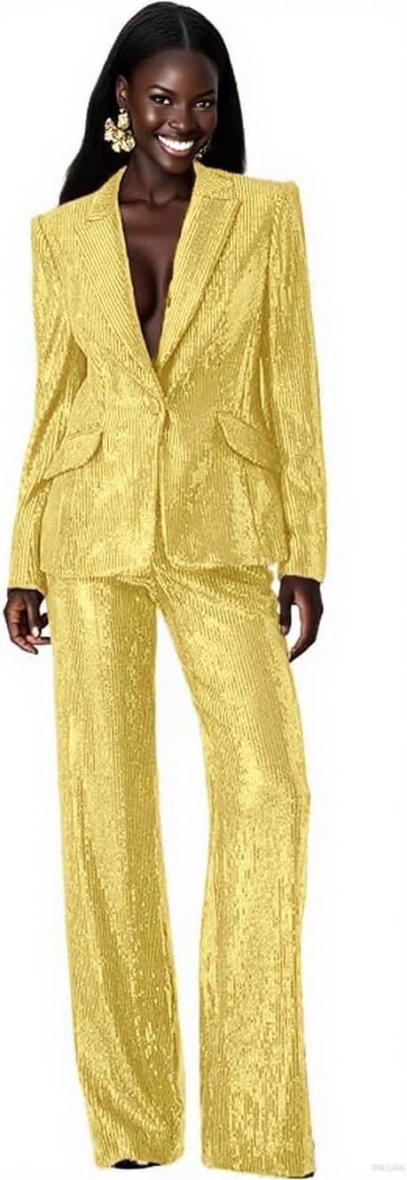 Sequins Womens Suits Blazer 2 Piece Outfits Wedding Business Pants Sets Party Fall Clothes