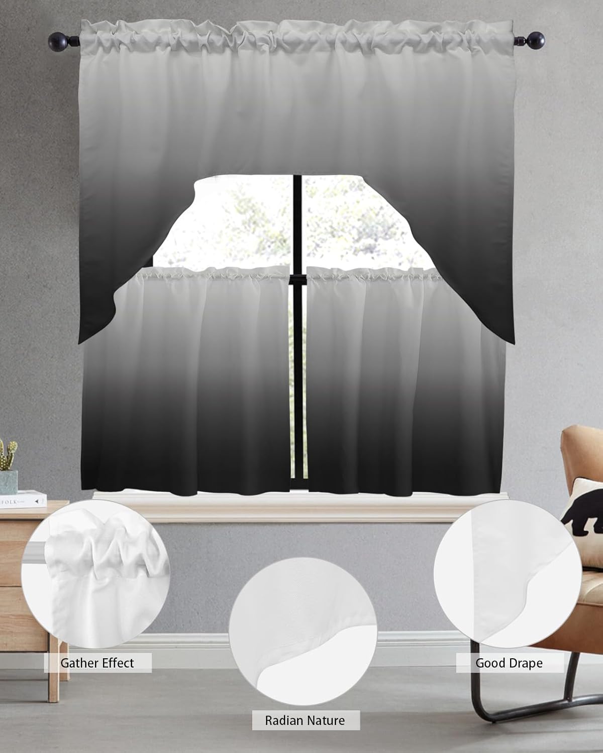 Black Ombre Rod Pocket Valance Curtain Set, Kitchen Dark Curtains Polyester Light Filtering Ombre Grey Window Drapes for Bathroom, Bedroom Small Windows 56x36 Inch+27.5x24*2 Inch