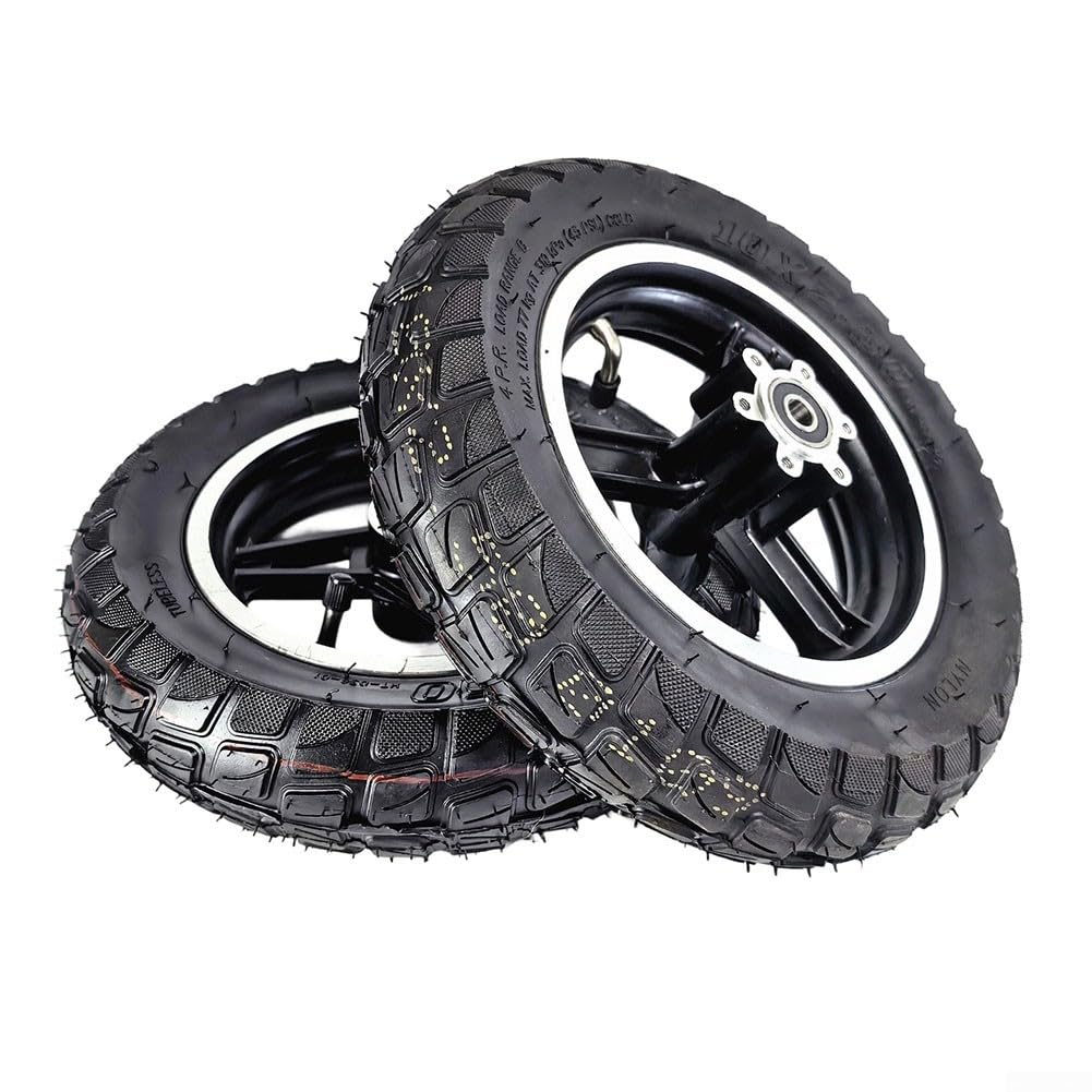 Ruote per scooter elettrico, 10 x 2,50, pneumatici senza camera d'aria, con bordo in lega di alluminio, per foro asse da 10 mm e 12 mm, opzioni senza freni, finitura nera (stile freno da 12 mm)