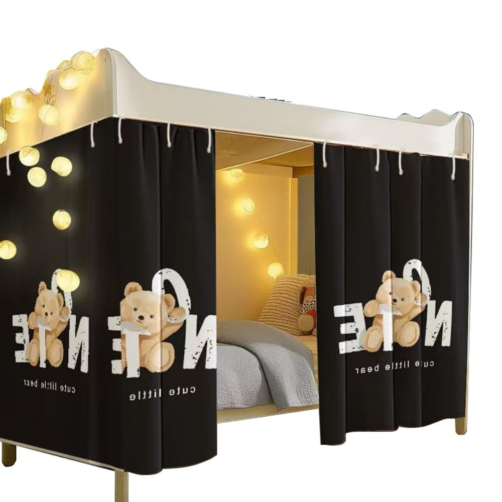 Lightolife 2 Panels Cute Bunk Bed Curtains Privacy Canopy Under Loft Bed Curtains Twin Size for Kids Boys, Black Bear