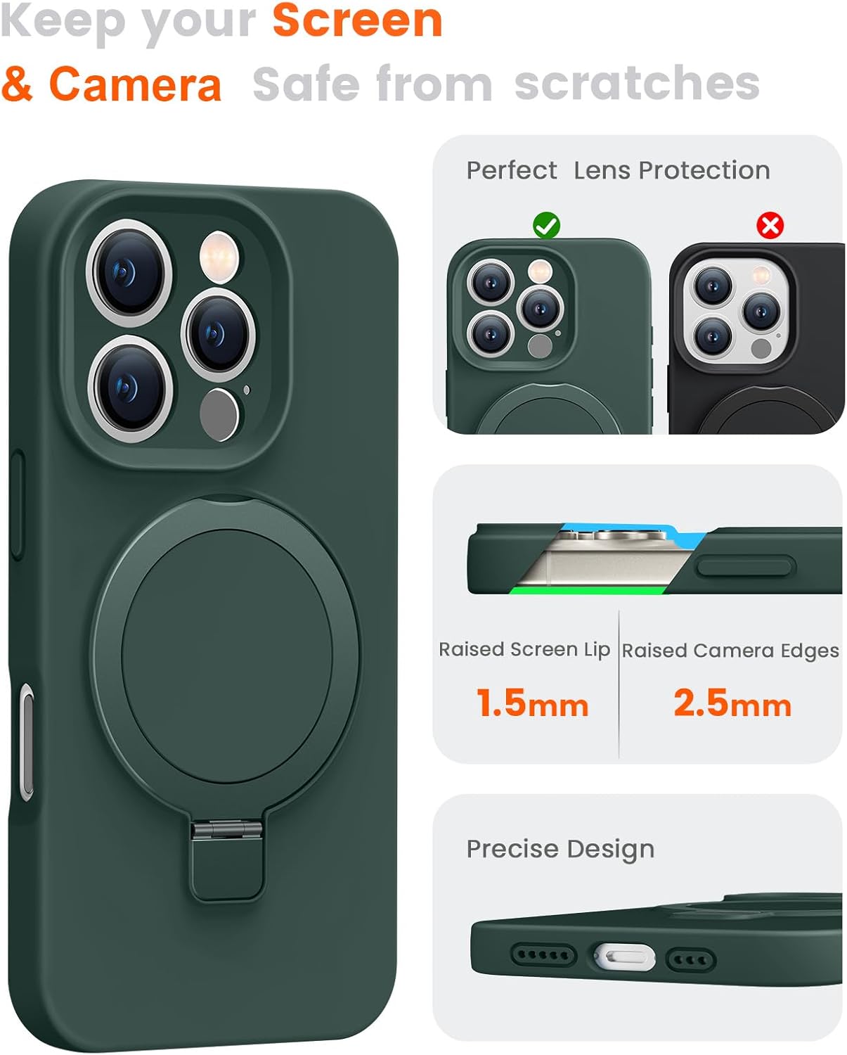 Liquid Silicone Case for iPhone 16 pro with Magnetic Ring Stand, Upgraded Camera Lens Protection, Mil-Grade Drop Shockproof, Anti-Scratch Microfiber Lining Silicone Case (Green) - Image 5