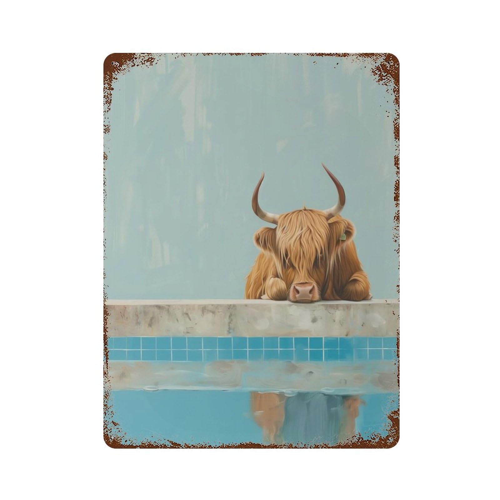Highland Cow Pool 15.7"x11.8" Vintage Rust Metal Sign, Novelty Wall Decor for Living Room, Hallway And Home Decor