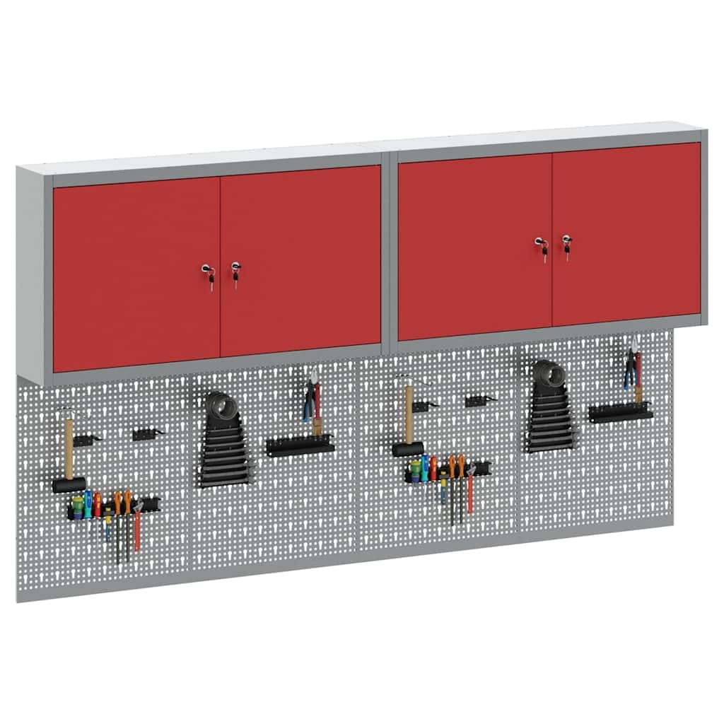Szafa narzędziowa, zestaw 6 szt., kolor czerwony, ze stali malowanej proszkowo, montowana na ścianie, 200 x 20 x 115 cm, z metalowymi półkami i pegboardem, do warsztatu, garażu, wewnątrz