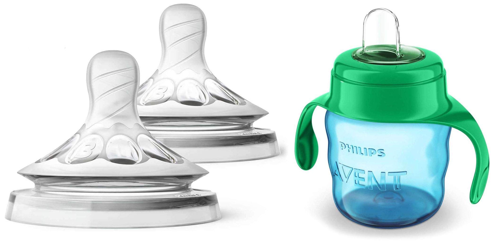 Philips Avent Natural 2. 0 Teat Medium Flow for 3 Months+ (Set of 2 Units) SCF043/27 with Philips Avent Classic Soft Spout Cup, 200ml (Green/Blue)