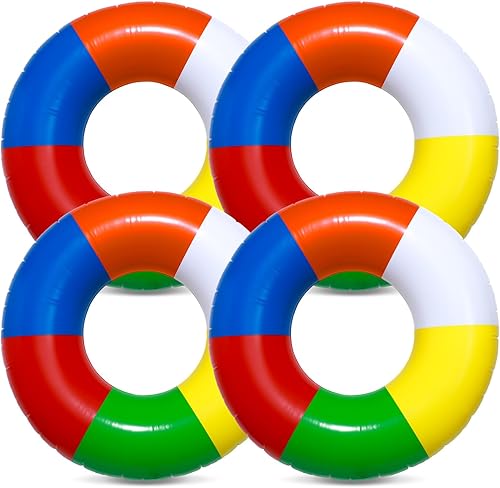 4 unidades de flotadores inflables de natación de 35 pulgadas, anillos de natación a rayas de arco iris, flotadores de playa, piscina, anillos de