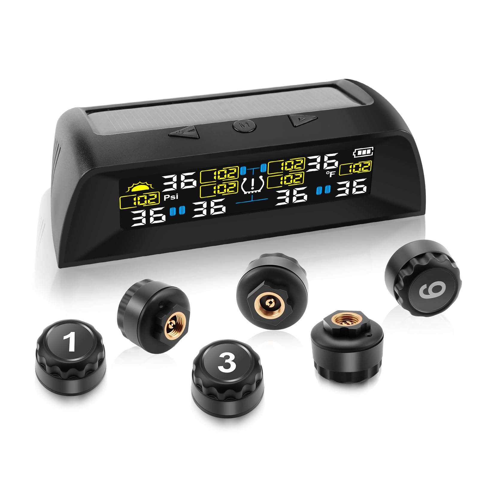 TPMS Sistema di Monitoraggio,della Pressione degli Pneumatici per Autocarri, Camper, Pullman,6 Sensori Ruote, 5 modalità Allarme, Ricarica Solare/USB(Ultima Versione)