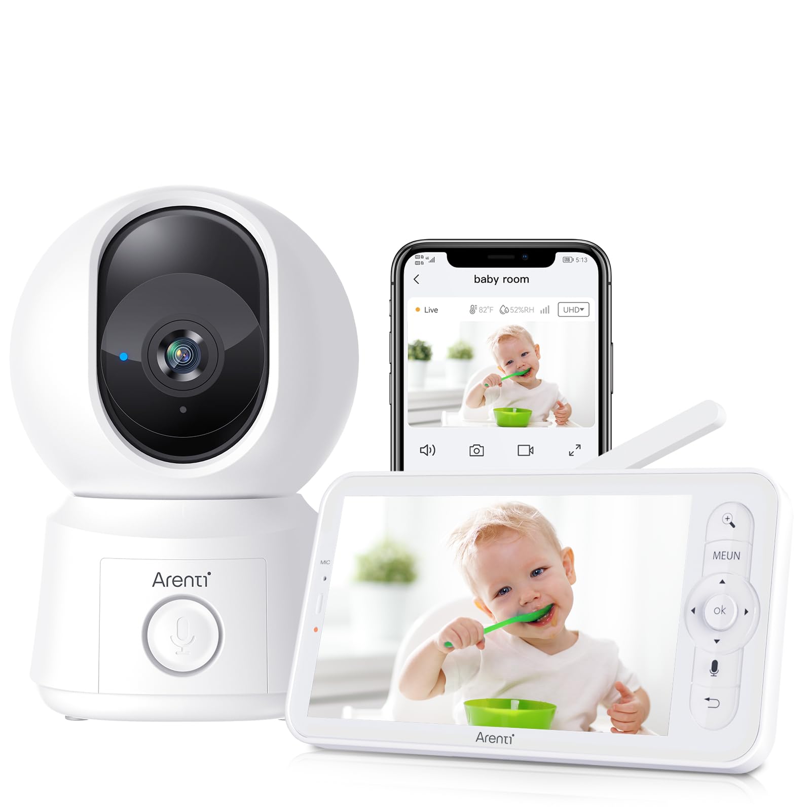 ARENTI 1080P Baby Monitor WiFi, 355° Telecamera Bambini con Monitor, 2,4GHz Baby Monitor Video con Visione Notturna, Rilevamento del Suono, Audio Bidirezionale, Promemoria Allattamento