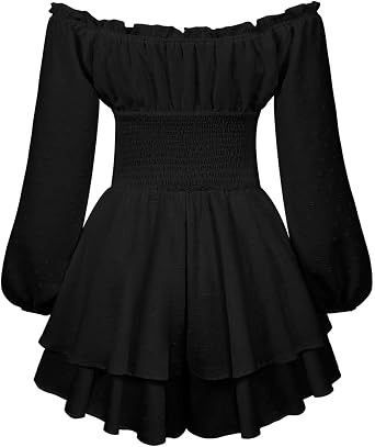Women's Fairy Pirate Corset Romper Dress Long Puff Sleeve Off The Shoulder Neck Flowy Ruffle Jumpsuit