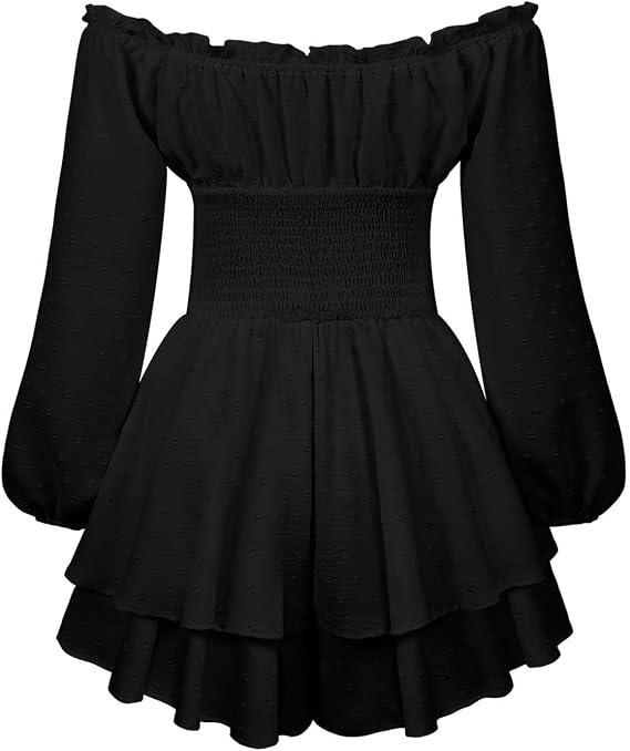 Women's Fairy Pirate Corset Romper Dress Long Puff Sleeve Off The Shoulder Neck Flowy Ruffle Jumpsuit