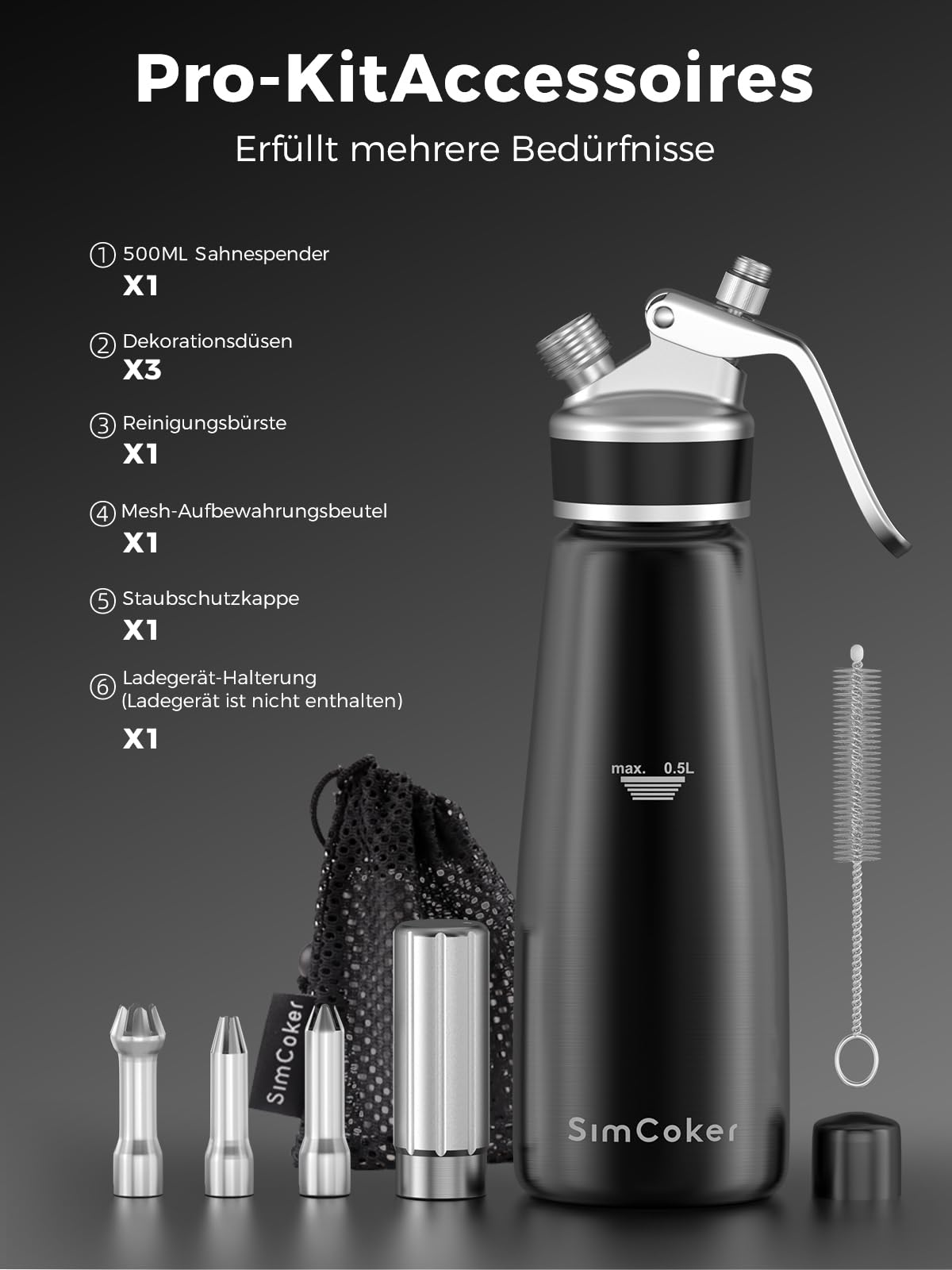 Professioneller Sahnespender aus Aluminium 500ml / 1 Pint, auslaufsicher für Desserts und Kaffee, 3 Dekorationsaufsätze, lebensmittelgeprüft, N2O Kapseln Nicht enthalten