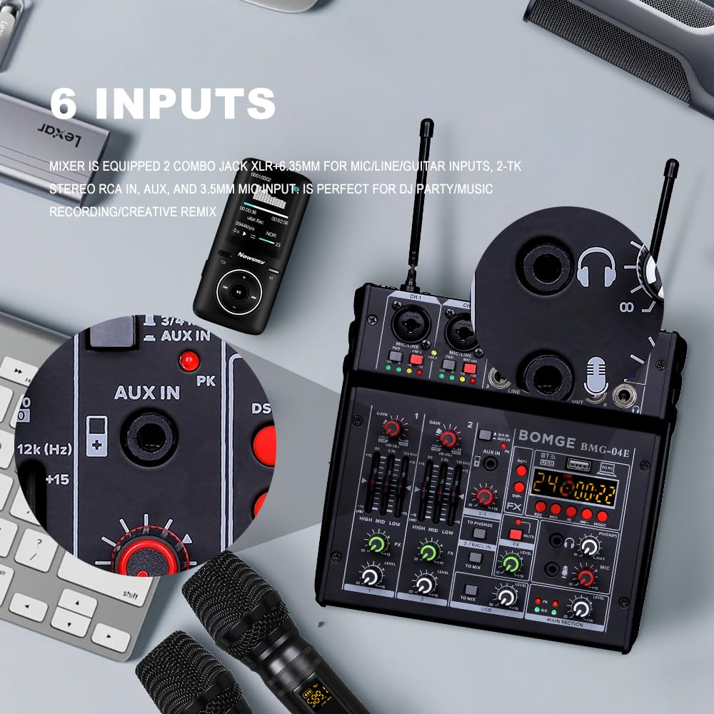 BOMGE Mixer audio karaoke 04E, mixer a 4 canali con doppio microfono wireless UHF, console audio MP3, Bluetooth 48 V, alimentazione phantom, interfaccia audio USB, mixaggio per DJ per feste, computer,