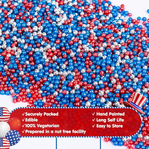Image of Patriotic Nonpareils Sprinkles,2mm Red Blue and White Pearls for Cake Decorations,July 4th Edible Sprinkle Mix for Baking,130g,Edible Sugar Pearls for Cake Decorating,Cookies,Ice Cream,Fondant Cake,Cupcakes,Desserts,May Day,Memorial Day,Flag Day,Juneteenth,Independence Day,4th of July Party Supplies