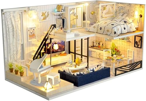 DIY Miniature House Kit with LED Lighting, Modern Loft Style | Acrylic Dust Cover, 6-8 Hours Assembly, 165x300x170mm Size, Adults & Teens, All Materials Included