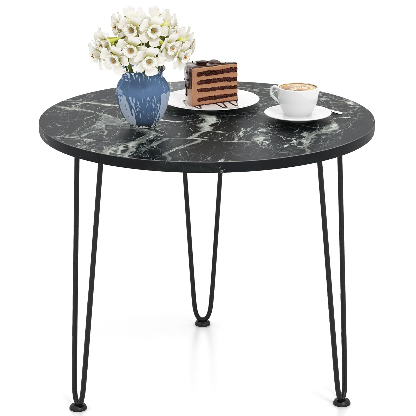GOFLAME Round Coffee Table Faux Marble Coffee Table with Thickened Tabletop Metal Tripod Legs Small Accent Table Modern