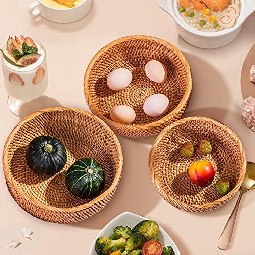 Wooden Fruit Bowl, Bread Basket, Woven Wicker Tray, Fruit Basket, Wicker Basket, Hand Woven Severing Tray, Rustic Decorative Tray, Round Rattan Fruit Bowl Storage Basket for Fresh Fruits and Veg