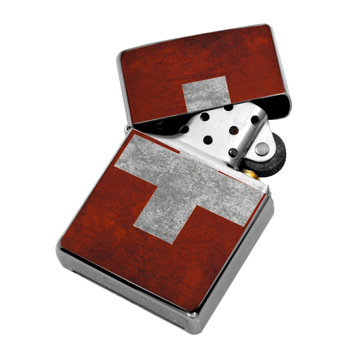 Swiss Flag - Windproof Flip-Top Refillable Silver Lighter with tin gift box