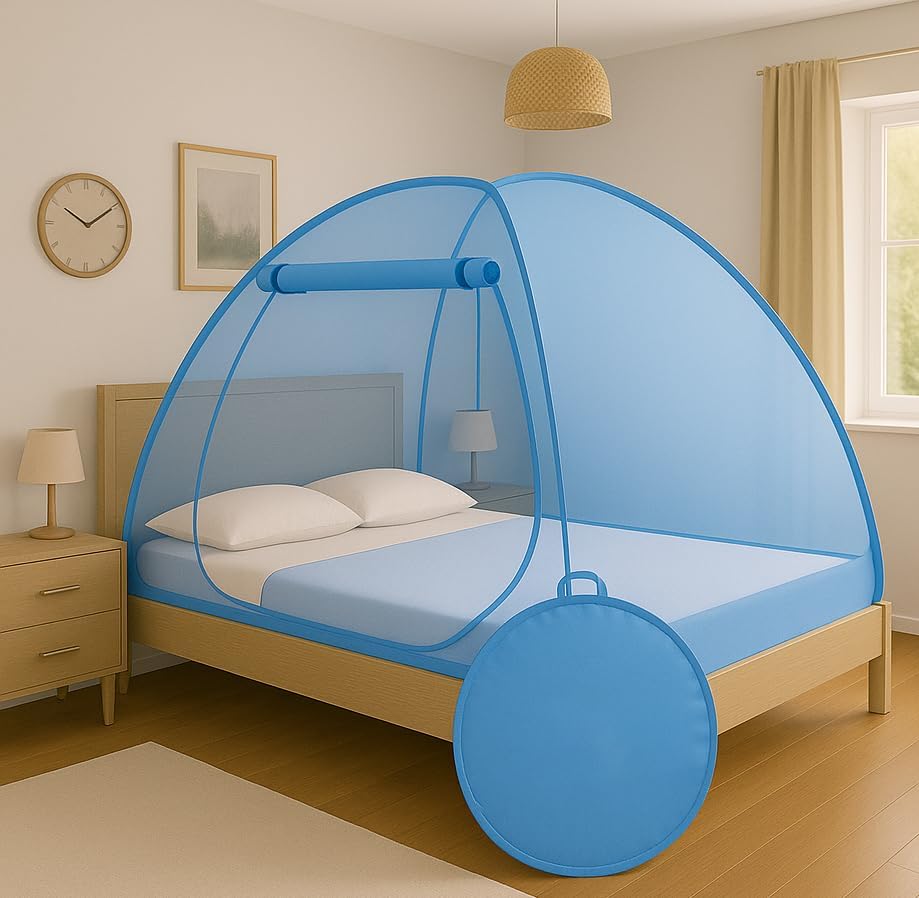 King Size Mosquito Net (6.5 ft x 6.5 ft | 200 cm x 200 cm x 140 cm) Premium Blue Machardani – Strong, Durable Tent-Style Foldable Mosquito Net, Corrosion-Resistant Frame for Bed Protection (Blue)-image-15