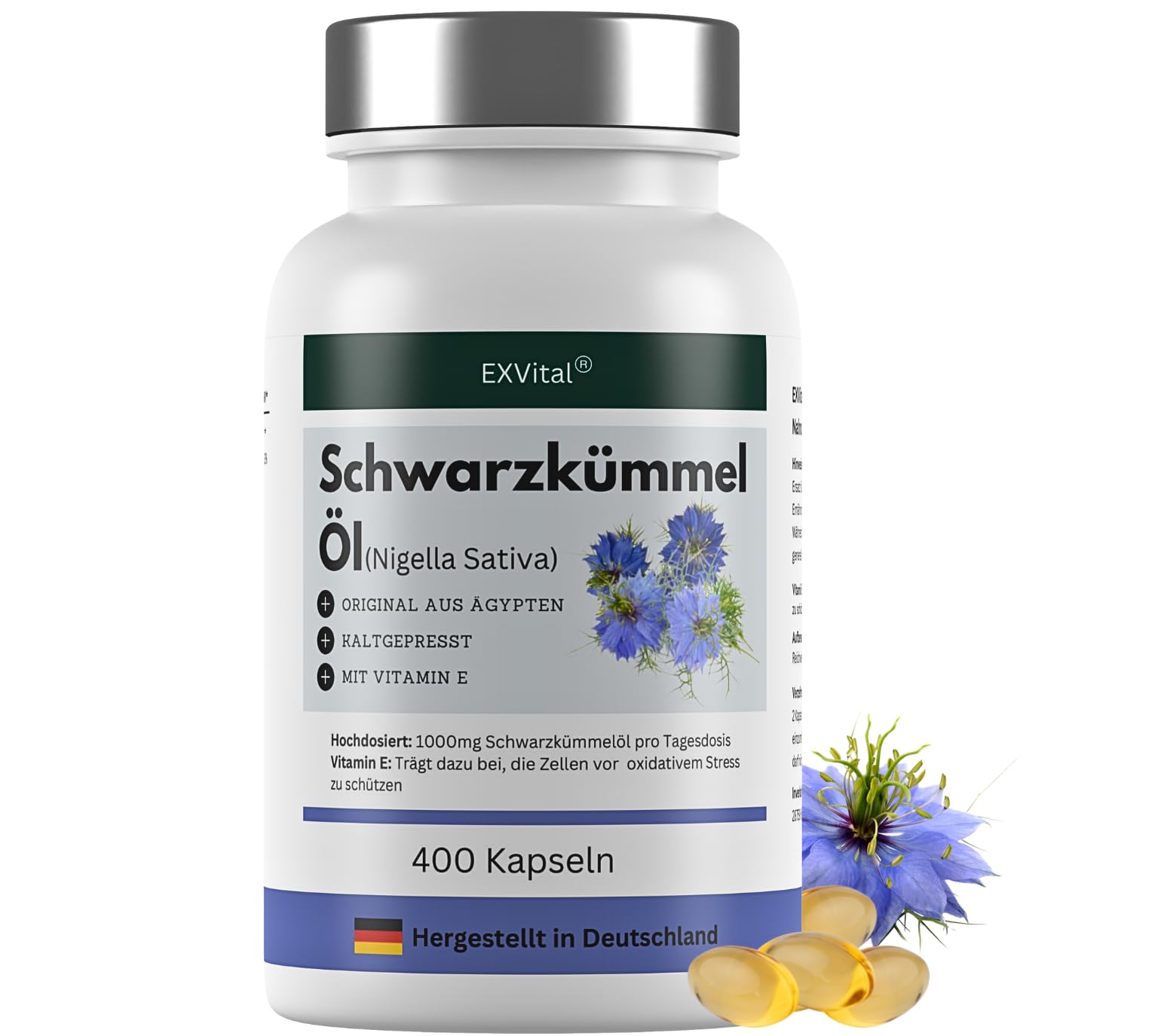Schwarzkümmelöl Kapseln, 1000 mg, EXVital, kaltgepresst, ägyptisch, naturbelassen, mit Vitamin E, 400 Softgel Kapseln für mehr als 6 Monate, Premiumqualität, Kein Magnesiumstearat, 1er Pack (1x280g)