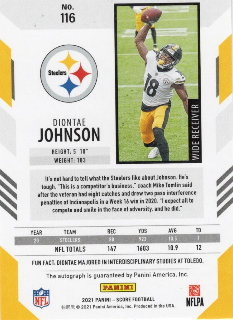 Diontae Johnson Autographed Collectible Football Card - 2021 Panini Score Football Card #116 (Steelers)