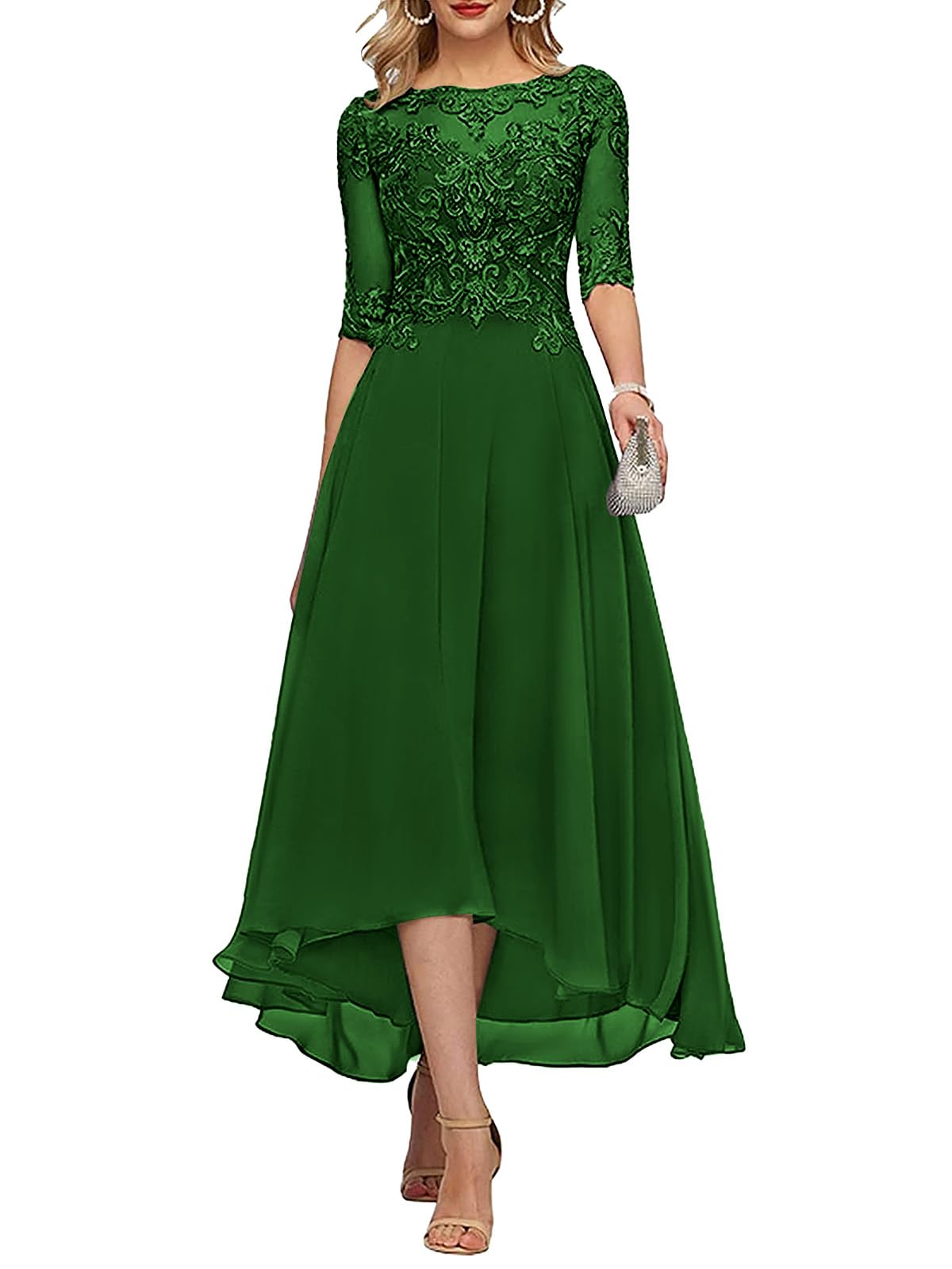 HANVAIOS Mother of The Bride Dress Tea Length Lace Appliqued Long Chiffon Formal Dresses for Women
