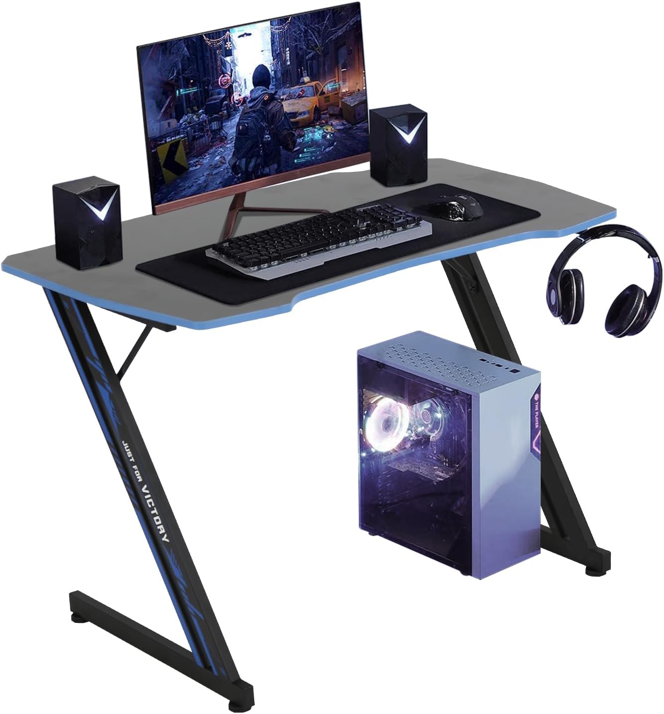MKDLUFEI Gaming Desk, Small Gaming Desk with Headphone Hook, Gaming Table Desk with Carbon Fiber Surface, Cheap Gaming Desk with Adjustable Feet, Computer Gaming Desk for Home Office (39 Inch, Blue)