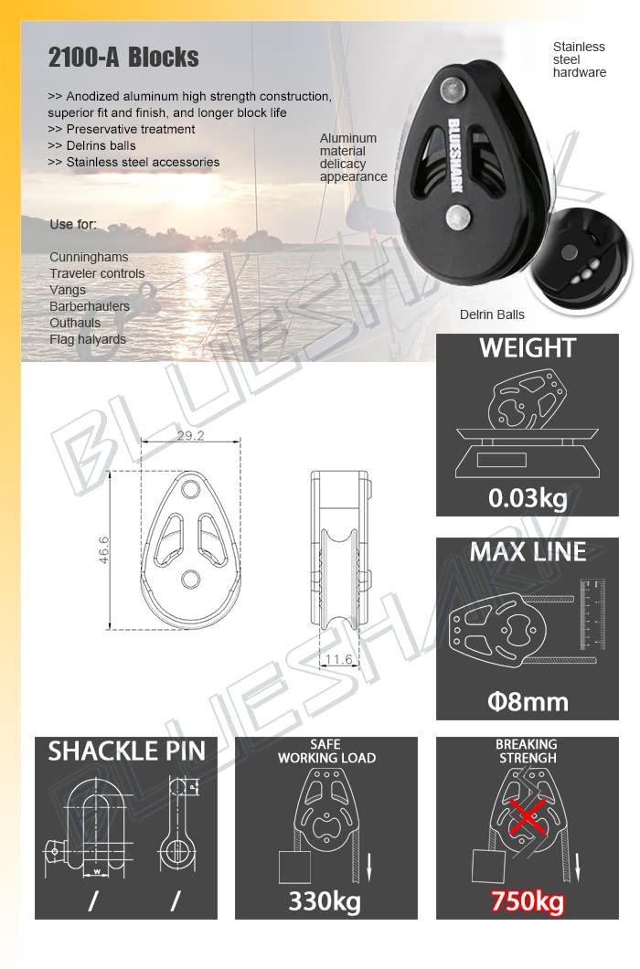 BLUESHARK 28mm Single Fixed Aluminum Pin Head Sailing Block Choose Quantity (5-Pack) 2100-A