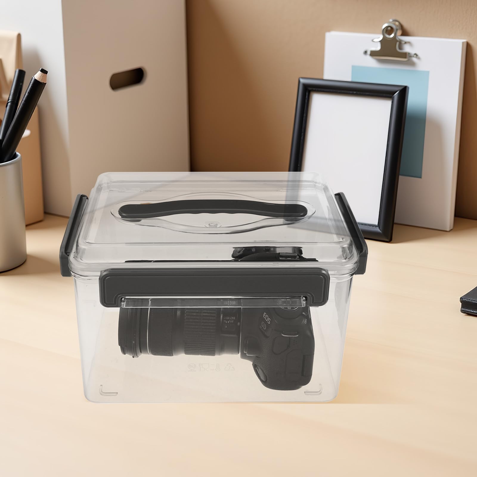 Organizador portátil para Lentes de cámara: Caja de Almacenamiento de plástico Transparente con Tapa y asa para Guardar Equipos fotográficos y Lentes. Medidas: 11,4 x 7,5 x 6,9 Pulgadas.