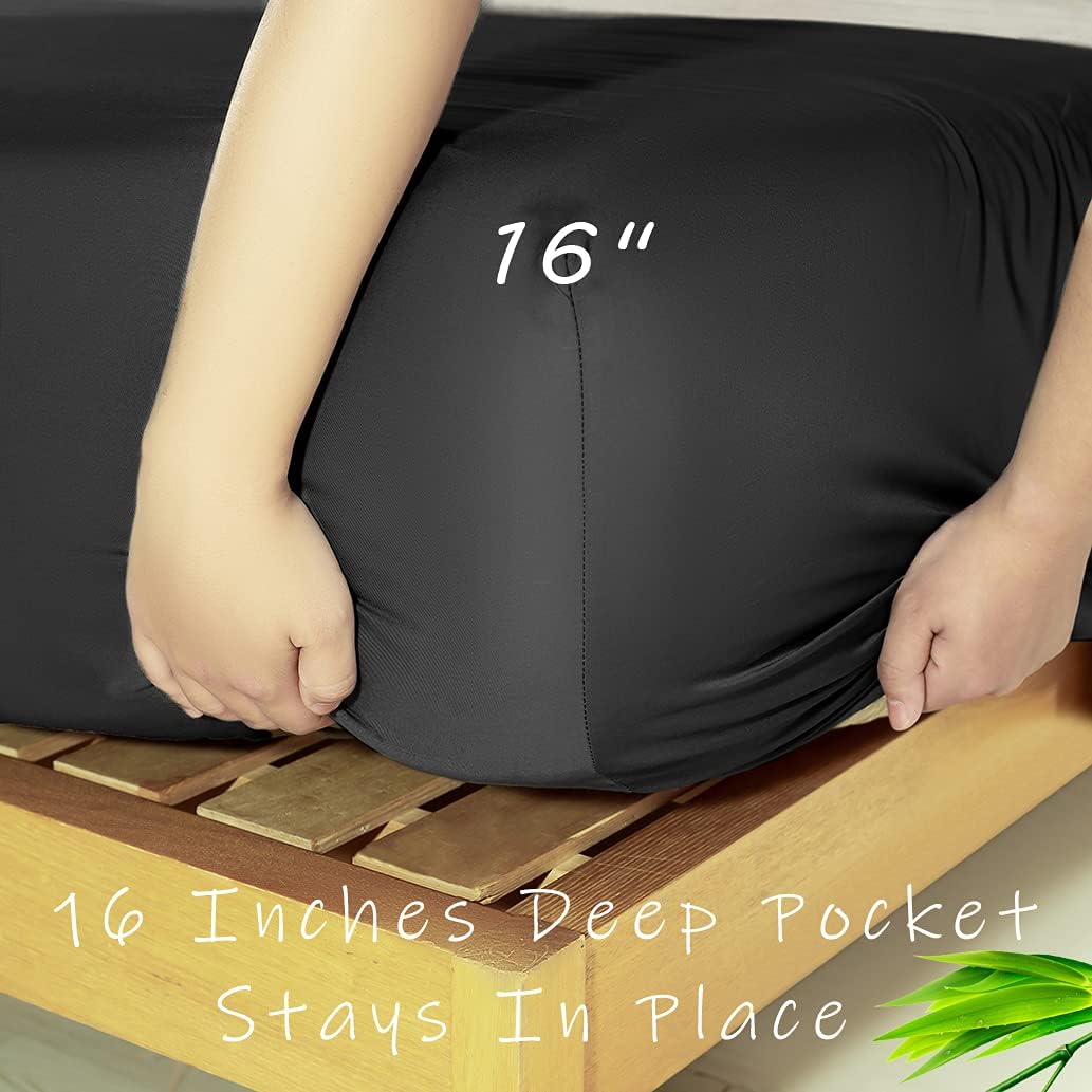 LBRO2M 100% Bamboo Bed Sheet Twin Size 3 Piece Set,Cooling 1800 Thread Count Sheet,16 Inches Deep Pocket,Bedding Super Soft Silky Smooth,Comfortable,Cool,Black