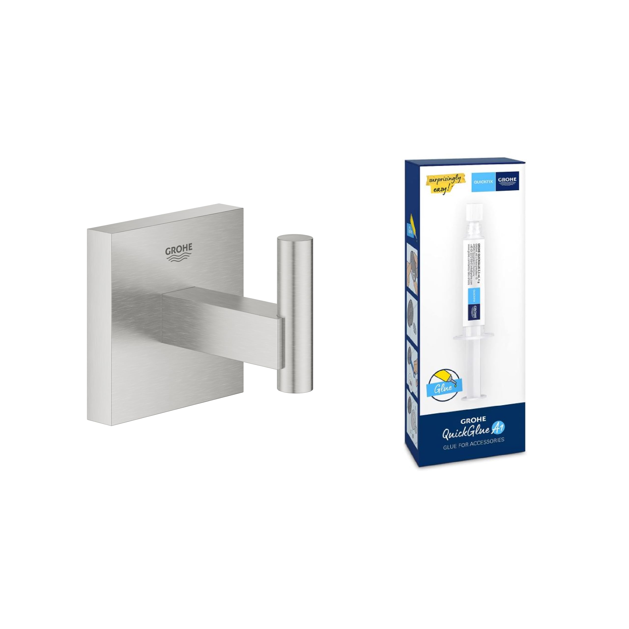 GROHE Start Cube Porta accappatoio con GROHE QuickGlue A1 - Porta asciugamani da doccia a parete per bagno (metallo, fissaggio nascosto, con viti e tasselli), acciaio inossidabile, 40961DC0