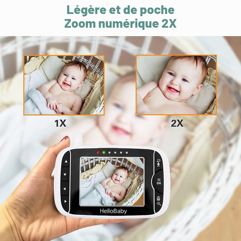 HelloBaby Babyphone Caméra Moniteur Vidéo 3,2 inches LCD Babyphone Vidéo Bébé Surveillance avec 2 Caméras, 360° PTZ Camera Bebe Surveillance, Vision Nocturne (HB65)