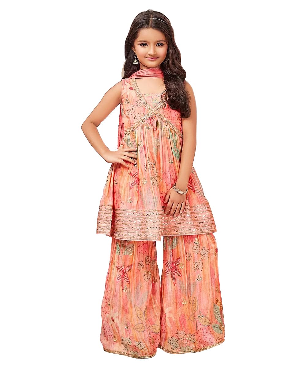 White Button New Pink Floral Print Alia Cut Peplum Top And Sharara Set For Girls