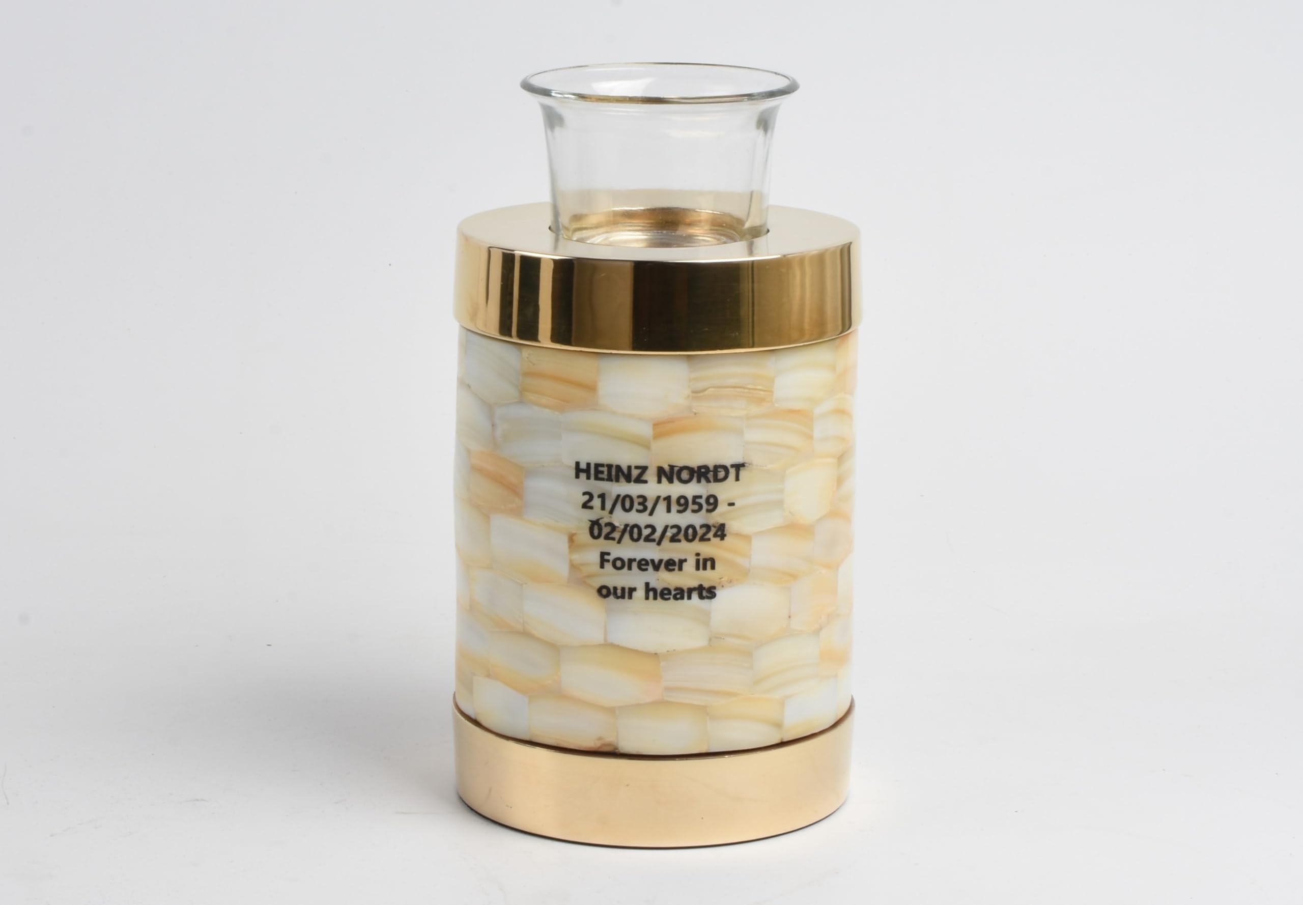 UrnsWithLove Elegant Aluminium Tealight Candle Urn Memorial Funeral Ashes Holder Child Pet Human Handcrafted Tribute (MOP Gold- Text Engraved)