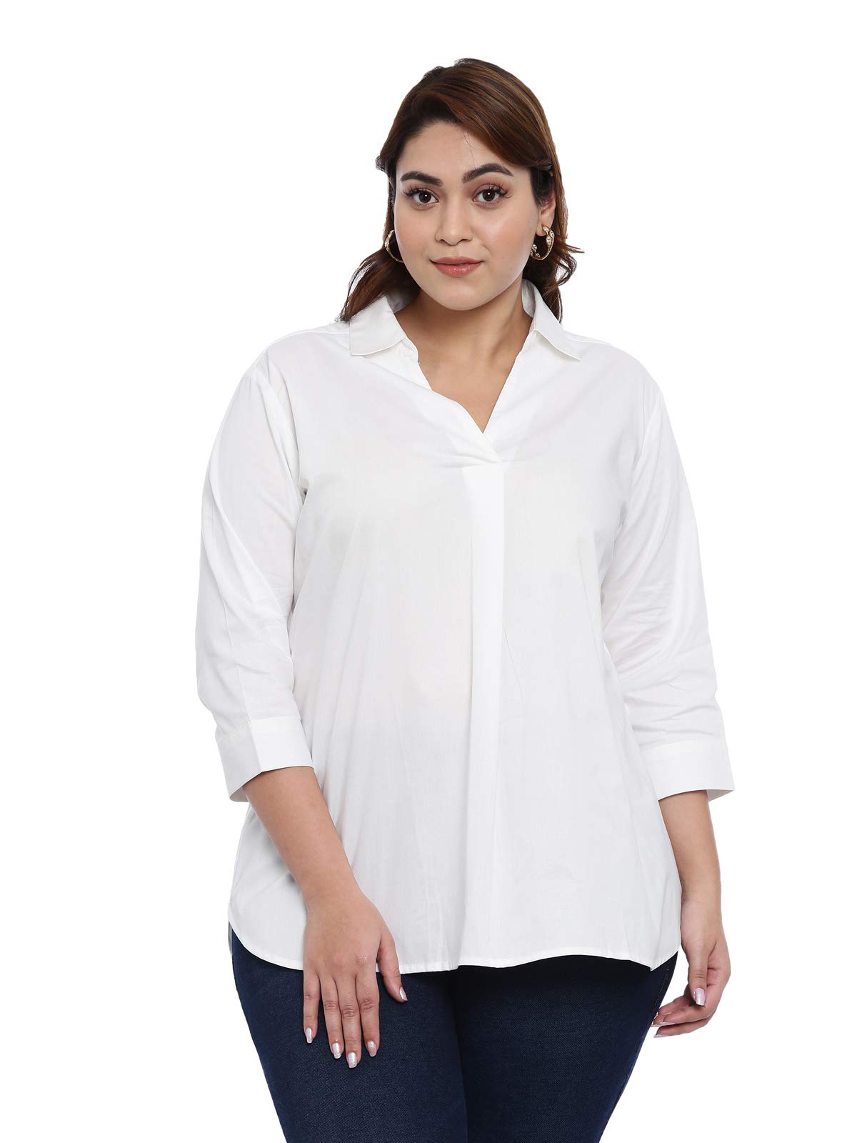 the pink moon Women's Plus Size White Solid Semiformal Shirt, Collared Neck, 3/4 Sleeve, Cotton, Curved Hemline-picture-24