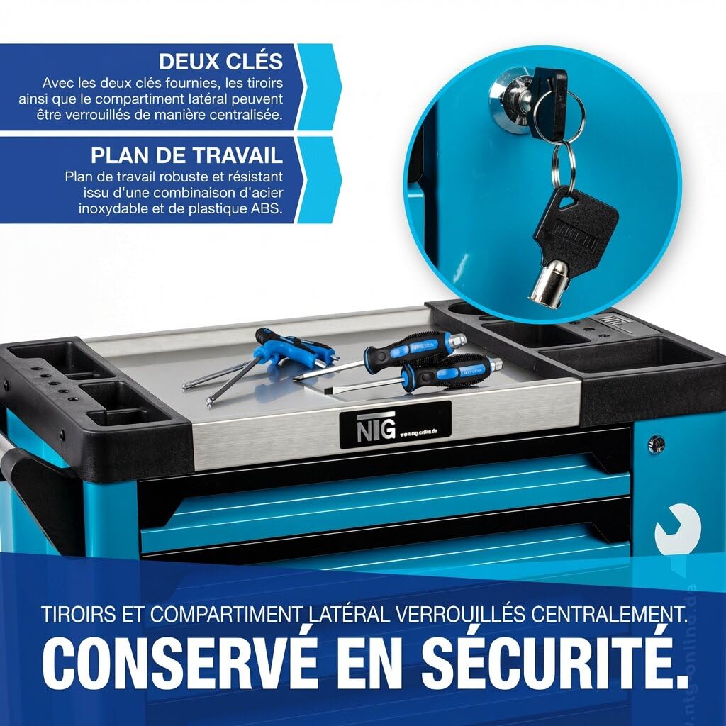 NTG Chariot à outils + outils + 7 tiroirs, 252 pièces, verrouillable, dont 6 avec outils, avec inserts souples en aspect carbone, tiroirs remplis, servante d'atelier, boîte à outils