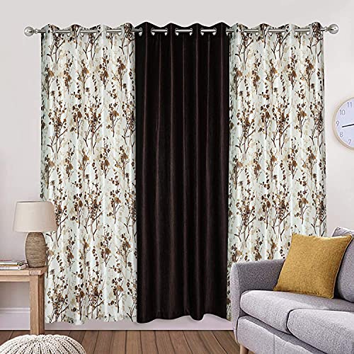 Image of 7 Feet Polyester Floral Light Filtering Door Curtains for Living Room, Bedroom & Hall, Eyelet Top, Coffee Printed and Solid Plain Curtain Set of 3