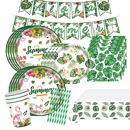 Vaisselle de Thème Flamingo Fournitures Fête Hawaiian Tropicale pour enfants, Comprend Assiettes Papier Feuilles Vertes Tasses Serviettes Nappe Filles Décorations d'anniversaire (16 invités)