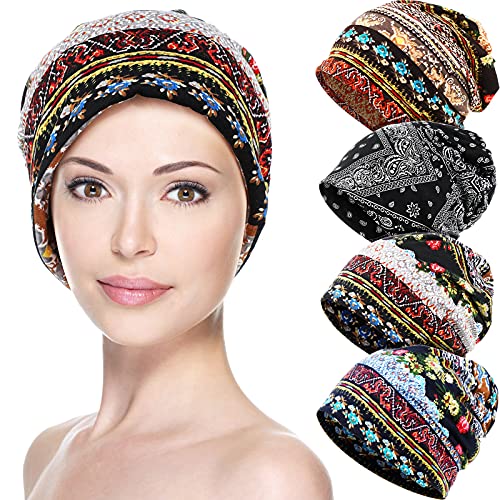 4 Pieces Slouchy Beanie Hat Baggy Skull Sleep Cap Hip-Hop Soft Hats Stretch Turban Headwear Head Wrap Scarf for Women Man