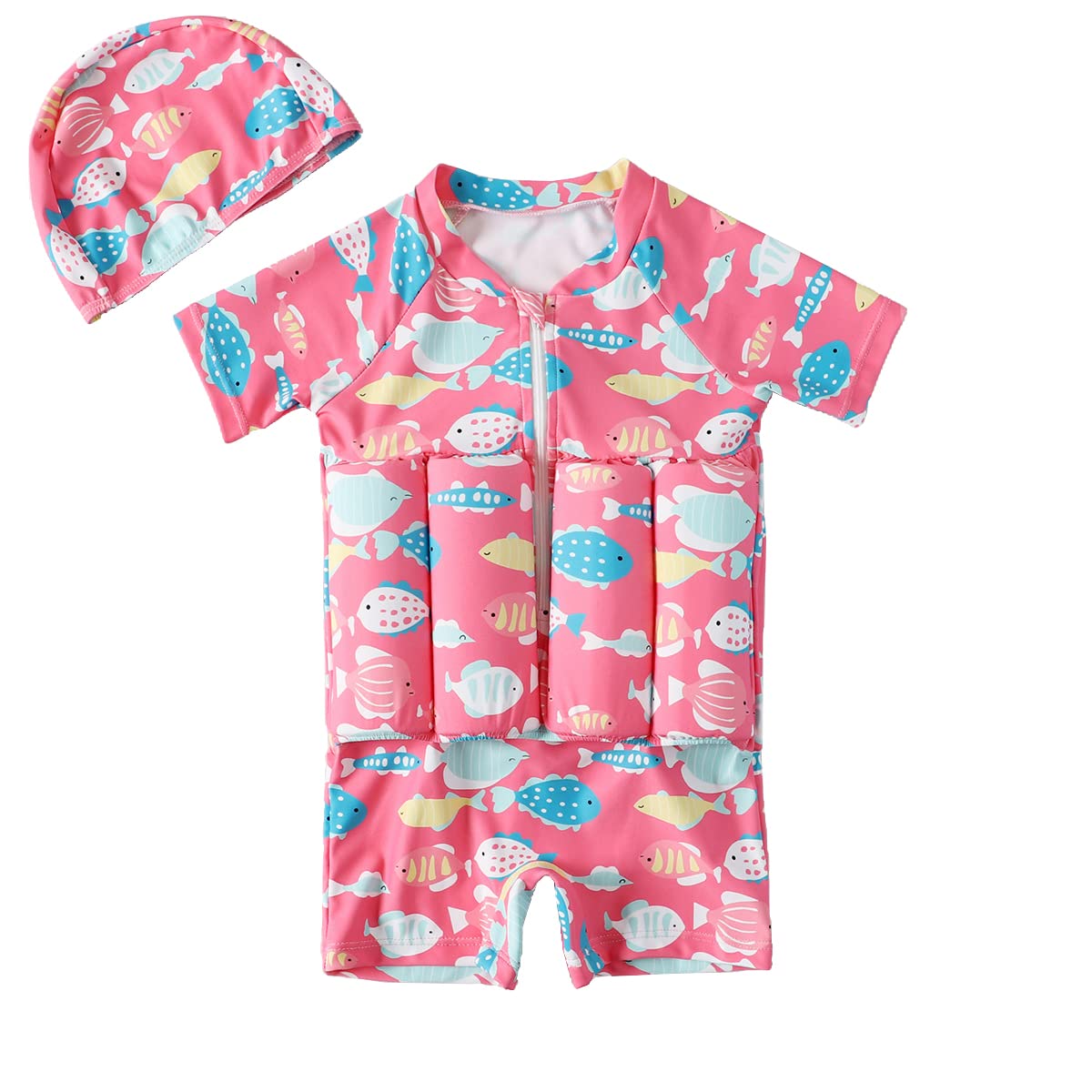 DigirlsorKids Floatation Swimsuits Baby Boys Girls One Piece Float Suit Short Sleeve Swim Vest Zip up Buoyancy Swimwear +Cap