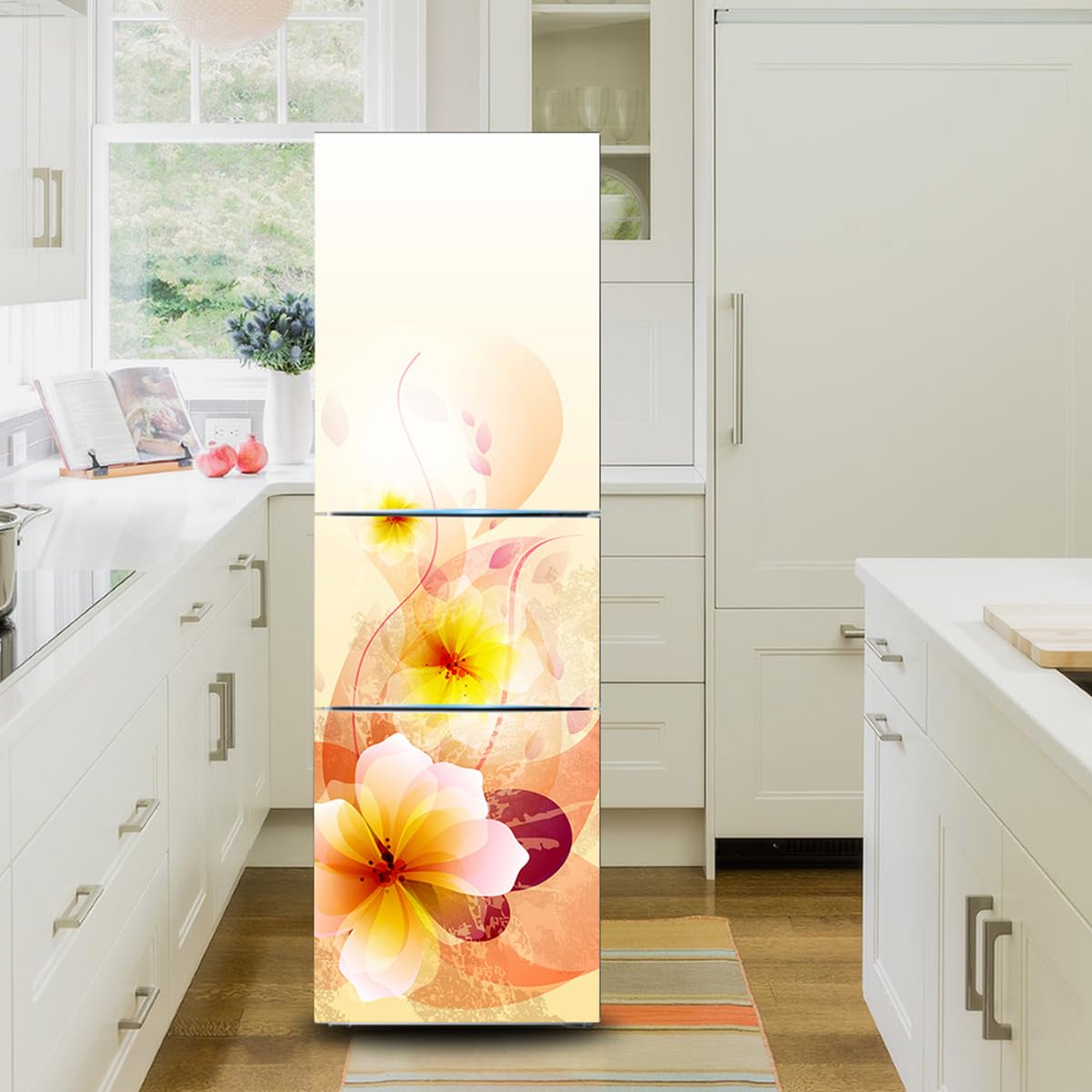 Fridge Sticker, Fridge Sticker Full Covering Door Covers Decor, Freezer Skins Wall Stickers for Kitchen Decal, Yellow Pink Flower(S: 60x150 cm)