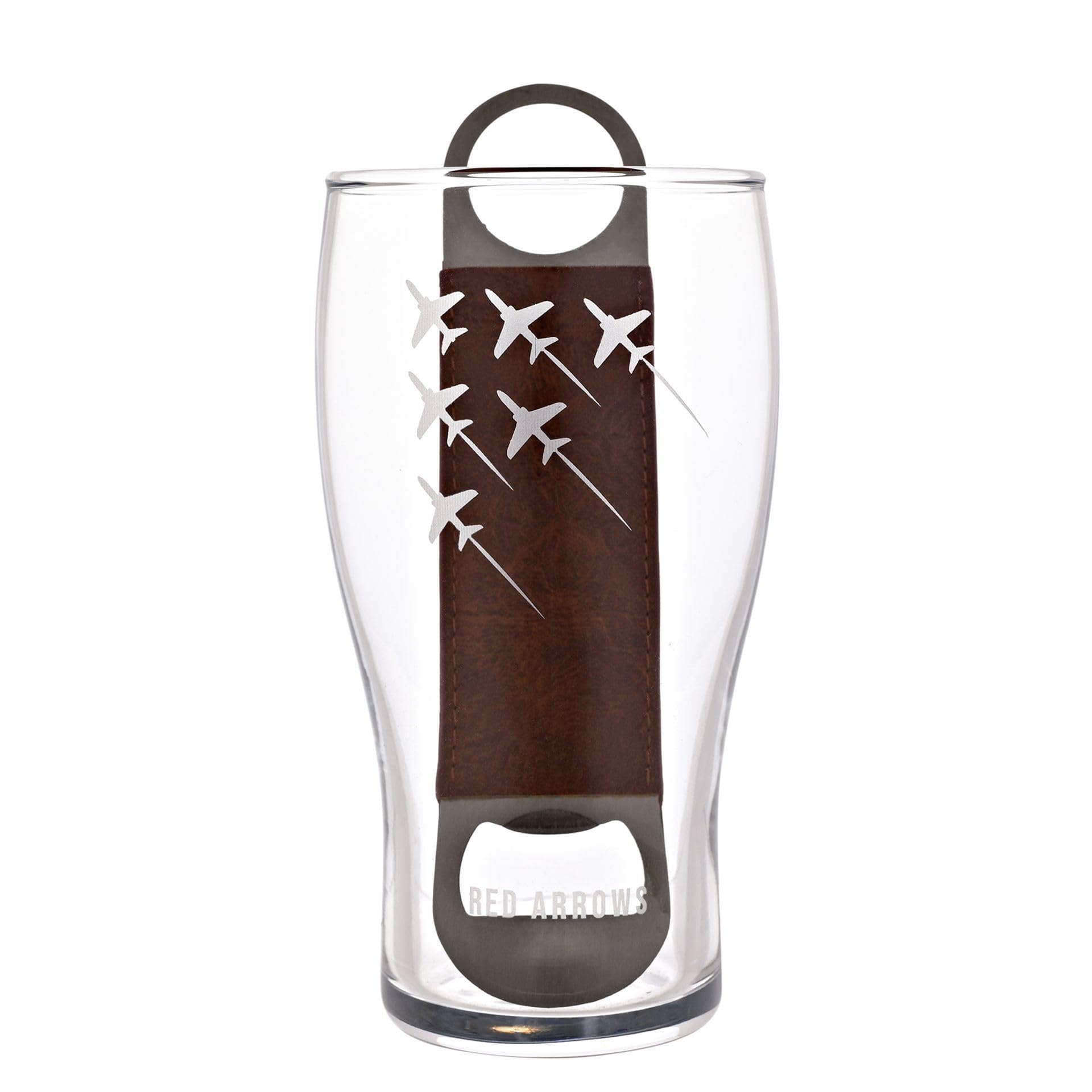 Officially Licensed Royal Air Force RAF Pint Glass & Bottle Opener Set - Red Arrows - Etched Graphic Drinking Beer Glass Home Bar, Kitchen & Dining for Men, History & Aviation - 480ml / 16oz.