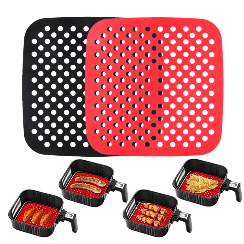 Beauenty 2-pcs Reusable Air Fryer Liner Square, 7.5" Easy-clean Non-stick Silicone Pad, Mini Air Fryer Cooking Accessories Replacement For Parchment Paper BPA Free(black+red)