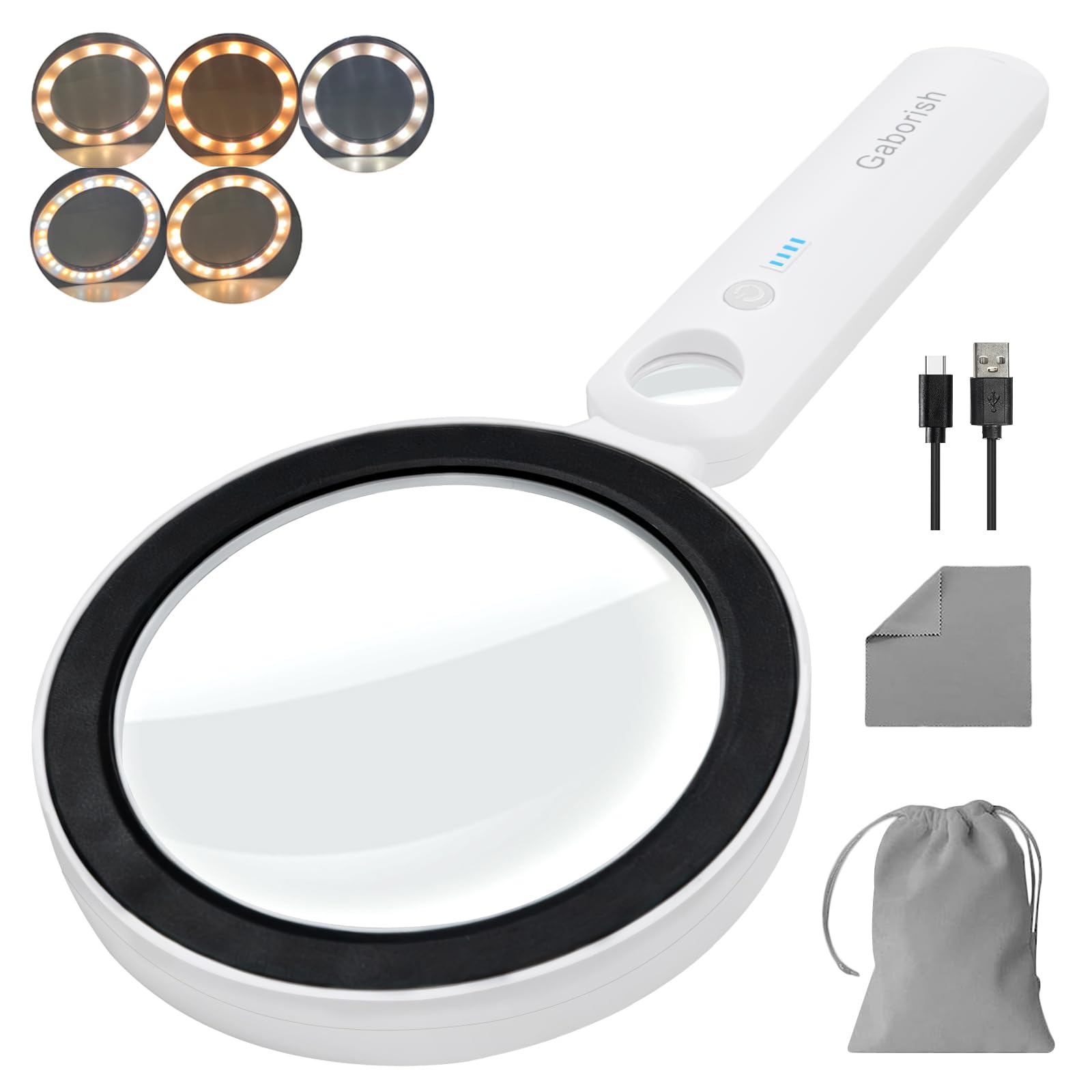 Lupa con luz, lupa de mano de cristal real de 10 x 30 aumentos con 36 luces LED, 5 modos de color regulable, recargable, para lectura de personas mayores, inspección (blanco y negro)