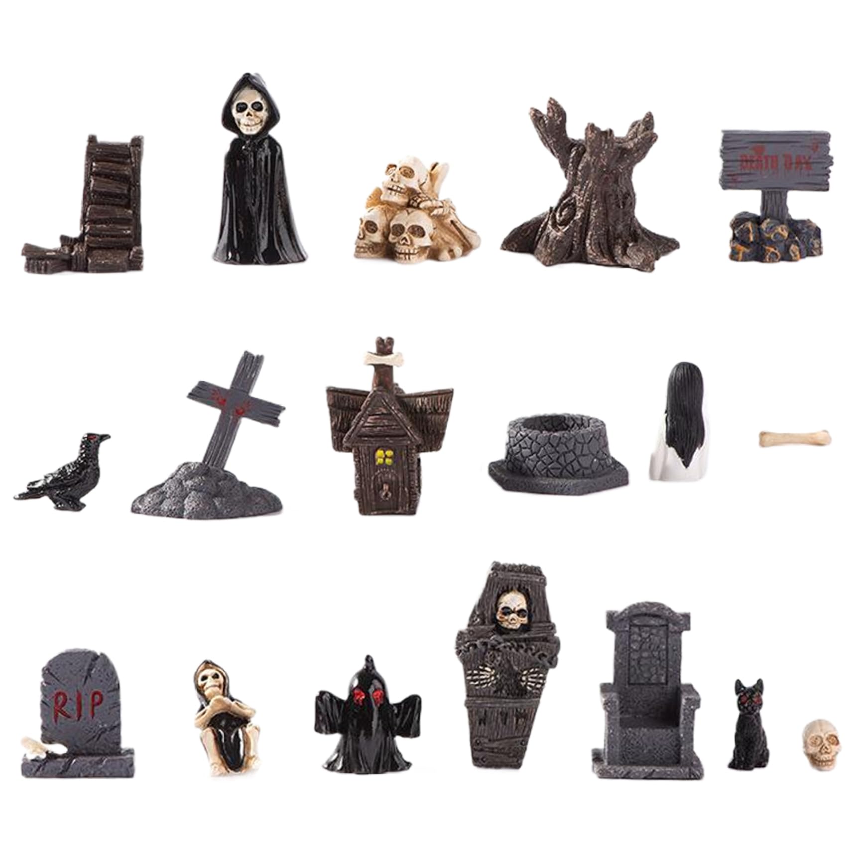 Monwssoe Halloween Costumes, Halloween Figurines 18PCS Resin Village Statue Horror Skull Head Ghost Figurine, Miniatures for Home Desktop Decor
