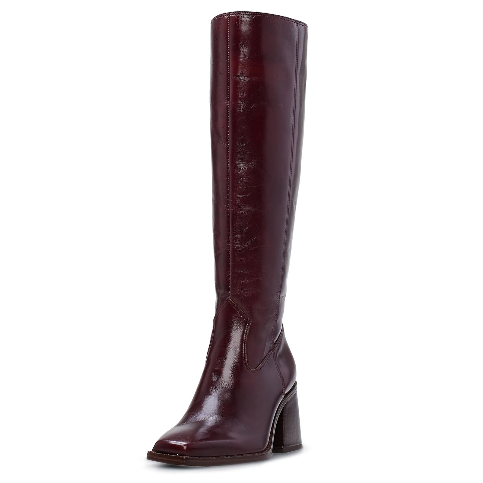 Womens Knee High Boots Leather Boots with Zipper Square Toe Chunky Heeled Tall Boots Wide Calf High Block