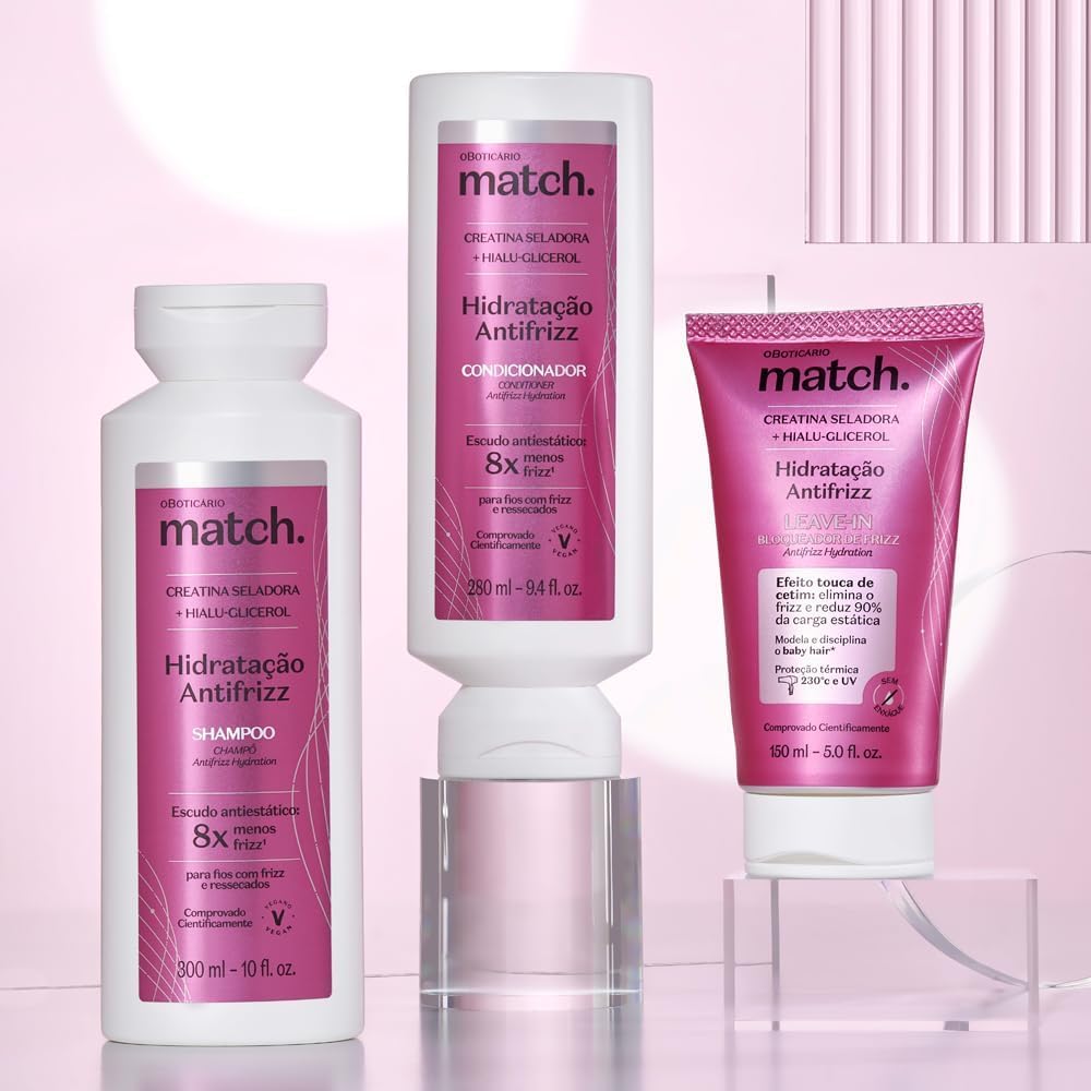 O Boticário Match Idratazione Anti-Frizz Set Cura dei Capelli con 3 Prodotti Vegan | Shampoo 300 ml, Balsamo 300 ml e Leave-In 150 ml