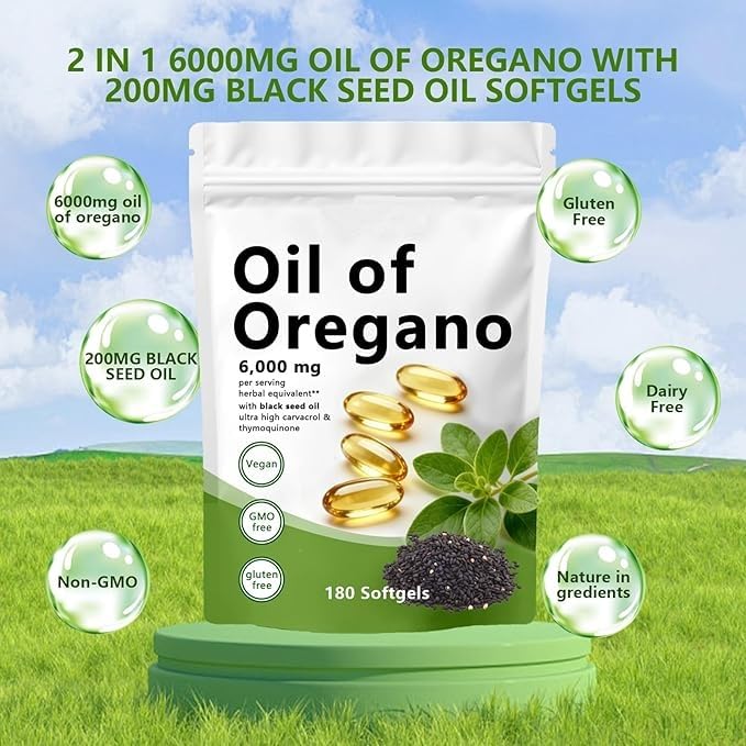 Olio di origano Softgels, 180 conteggi, 2 in 1, formulato con olio di semi neri, senza glutine, carvacrolo e timochinone, non OGM (1)