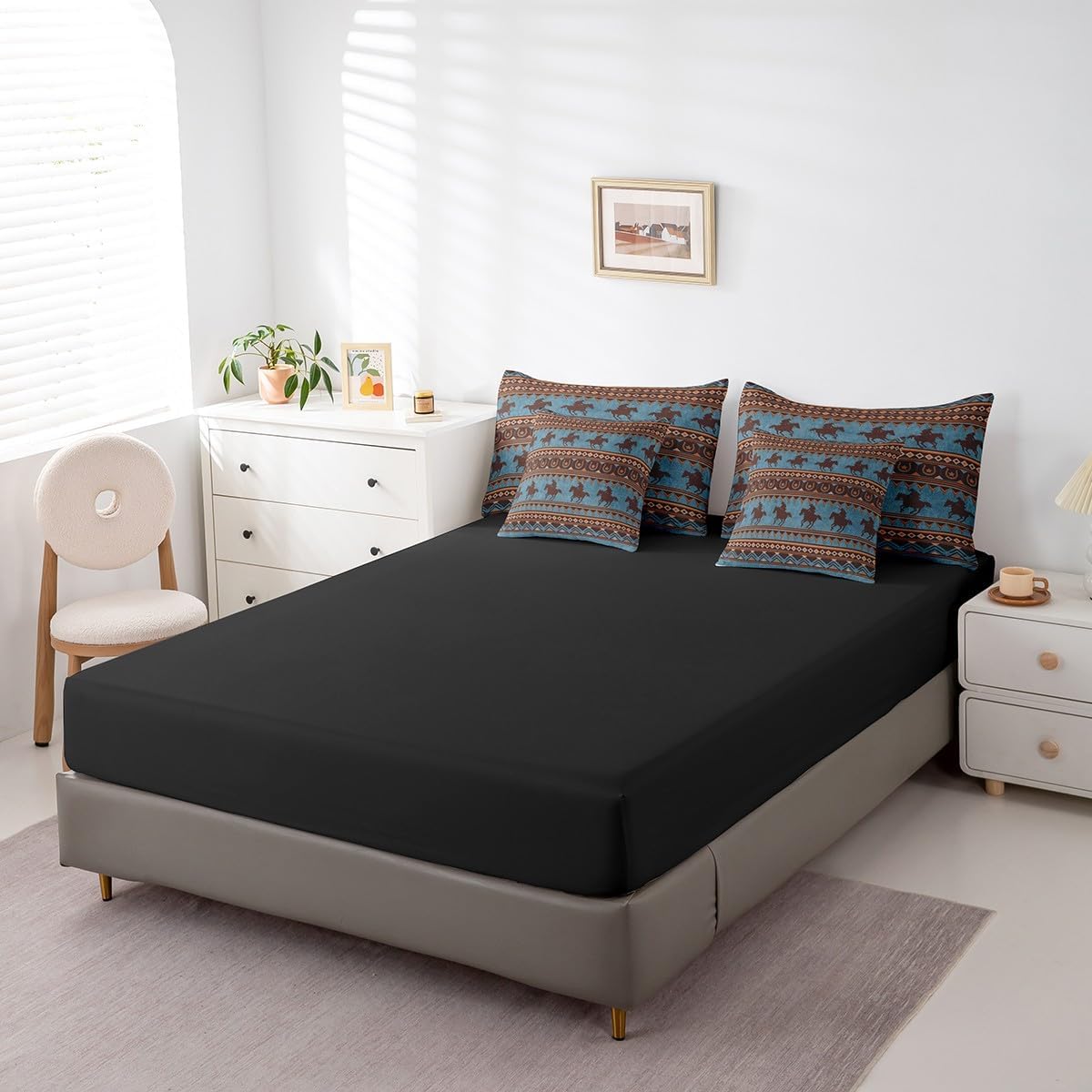 Feelyou Western Decor Comforter Set with Sheets Queen Size Southwestern Native Aztec Bed in a Bag Horse 7 Pieces Bedding Set Retro Exotic Boho Bed Set Room Decor Blue