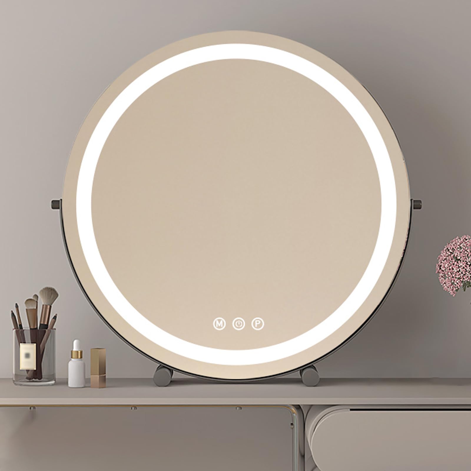 SQMGFA Large Round Lighted Vanity Mirror - Black Free-Standing Makeup & Shaving Mirror Adjustable Rotating Tabletop Cosmetic Mirror for Perfect Beauty & Grooming Experience