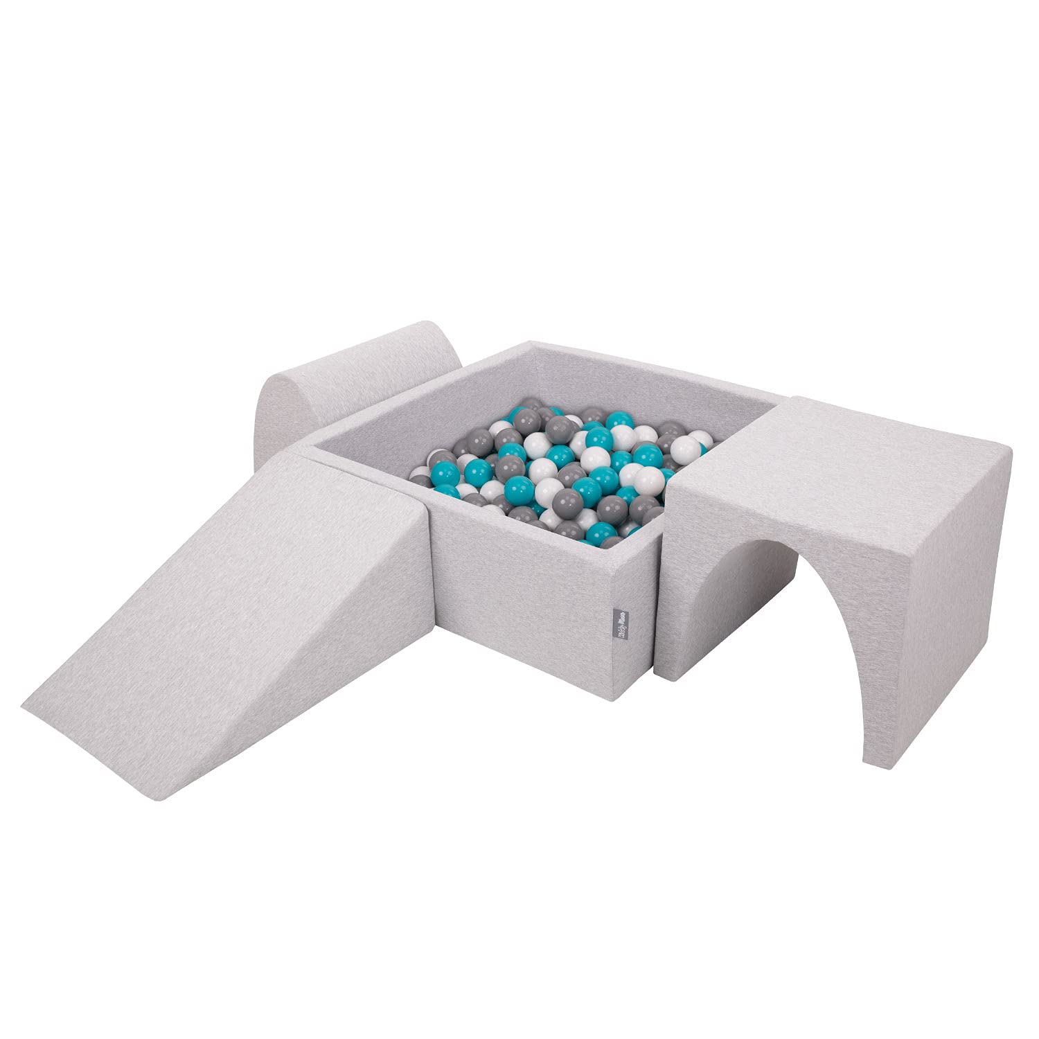 KiddyMoon Foam Playground For Kids With Square Ballpit (200 Balls ∅ 7Cm/2.75In) Soft Obstacles Course And Ball Pool, Made In The EU, Lightgrey:Grey/White/Turquoise
